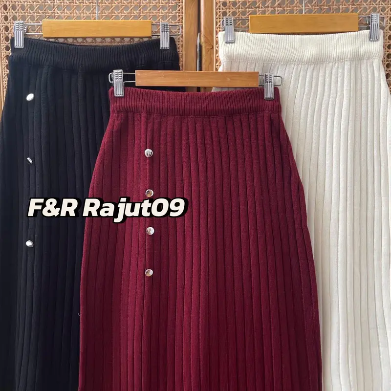 Alexa Rok Span Knit Rajut Pendek Premium Wanita Motif Kancing Jalur Kekinian 1