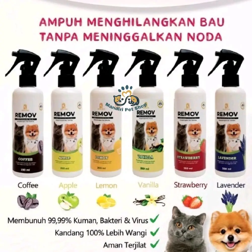 Remov Spray Penghilang Bau Kotoran Anjing & Kucing 250ml Aman Terjilat Membunuh 99.99% Kuman Bakteri & Virus
