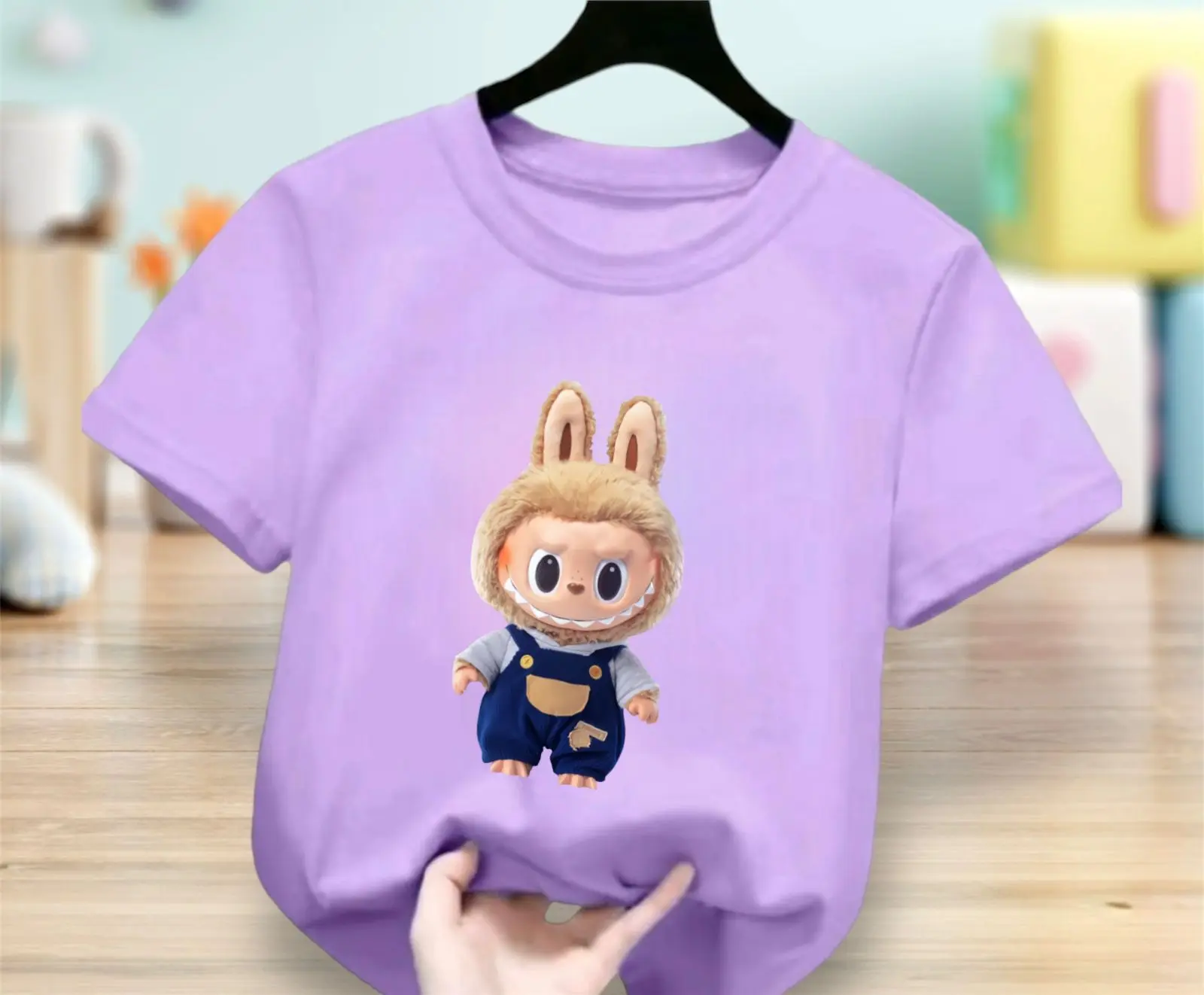 Kaos Anak Perempuan Fashion Boneka Labubu Lucu Baju Anak Cewek Lengan Pendek Katun Crew Neck