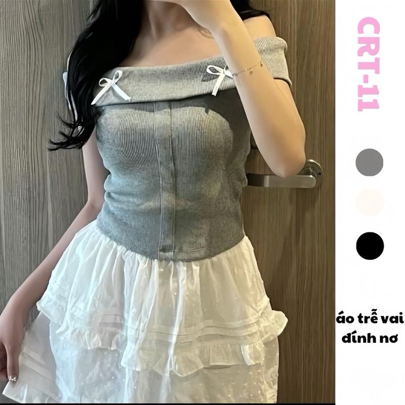 Áo trễ vai kiểu nơ xinh thời trang mới 2024 CRT cho phái nữ Nữ Women Top Nhung Thun Voi Sơ Mi Đen