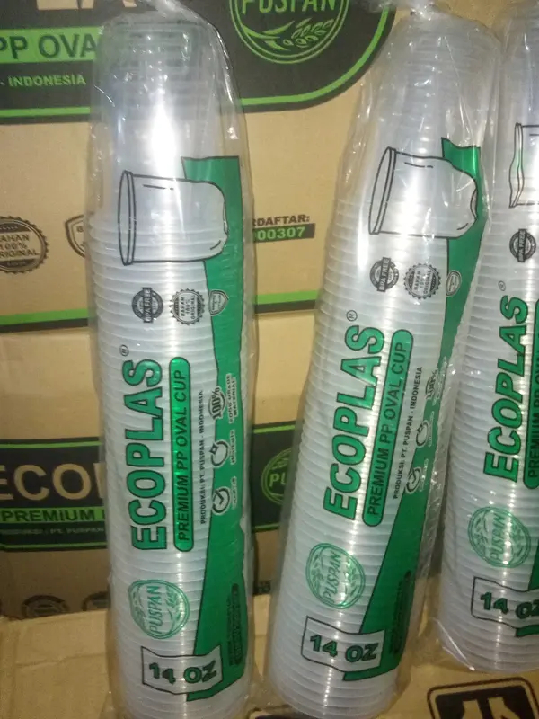 (isi50pcs) Gelas Plastik OVAL 14OZ OVAL / U CUP 14OZ 7,5 GRAM /GELAS PREMIUM PP ECOPLAS PUSPAN 3
