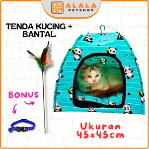Tenda Kucing Portable Alalastore Bonus Bantal Kalung dan Mainan Kucing Tongkat Bulu - Ukuran 45x45cm
