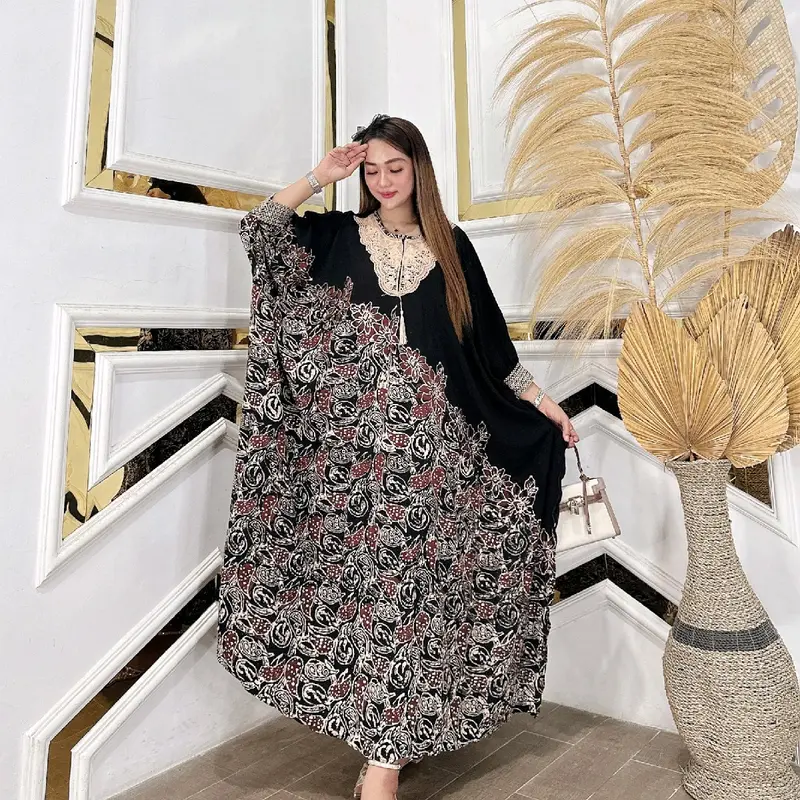 Kaftan Premium Batik Cap/Kaftan Adelia Rayon Tebal Gamis Wanita Motif Hitam 5