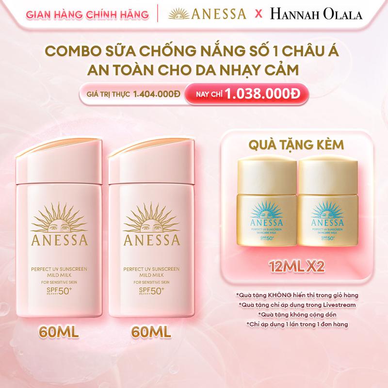 Anessa x Hannah - Combo Sữa chống nắng dưỡng da dịu nhẹ an toàn cho da nhạy cảm và trẻ em Anessa Mild Milk SPF50+ PA++++ 60mlx2