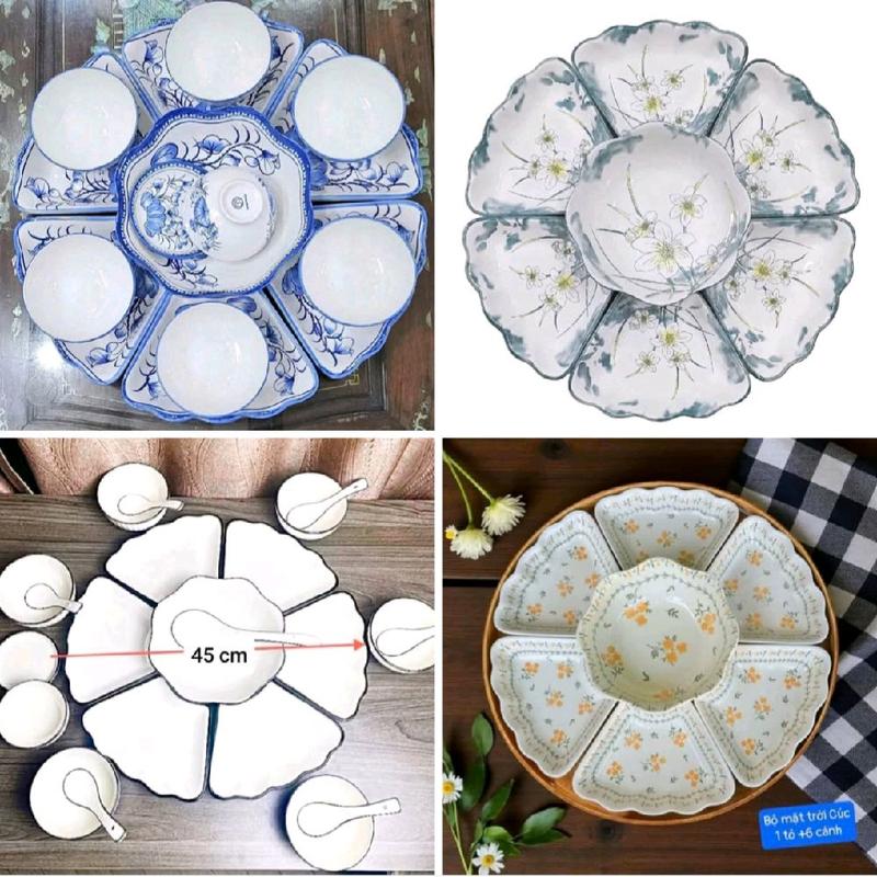  Bộ bát đĩa hoa mặt trời 6 đĩa 1 bát tô gốm sứ cao cấp size 45cm 