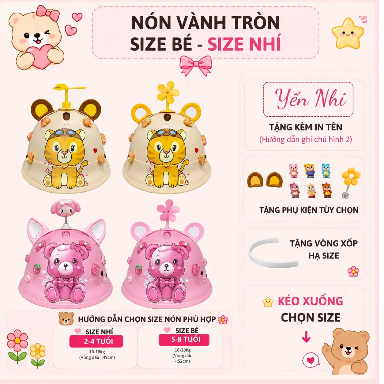 (TẶNG IN TÊN DÁN) Nón Bảo Hiểm Thể Thao Cho BÉ Vành Tròn Kèm Charm Và Phụ Kiện Tai Gấu Đa Màu Sắc Thương Hiệu KINA Kèm In Tên