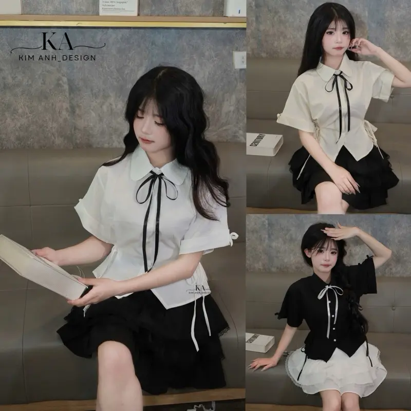 KADESIGN_Áo Sơ Mi CROPTOP ngắn tay freesize thắt eo hack giáng tiểu thư