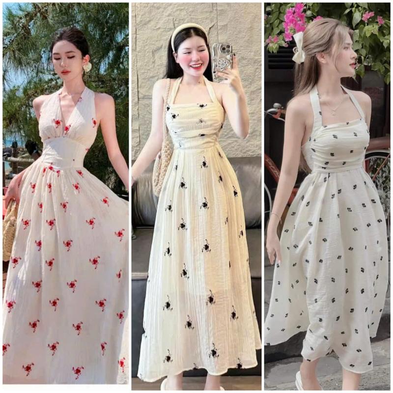 đầm váy nữ tơ xốp hoa thiết kế cổ yếm cột nơ sau [ có lót, có mút ngực ] dáng đứng dài xinh xắn thích hợp cho các nàng đi chơi đi tiệc Women Dress Kem  thanh Lịch Sen váy  hoa nhí