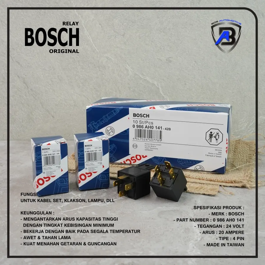 Relay BOSCH Kaki 4 Pin 24V 20 Ampere Mobil Motor Original