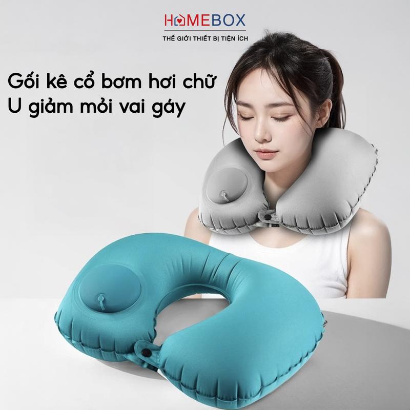 Gối Kẹp Cổ Bơm Hơi Du Lịch Dã Ngoại Gối Ngủ Văn Phòng Chữ U Chống Mỏi Vai Gáy Gấp Gọn Tiện Lợi