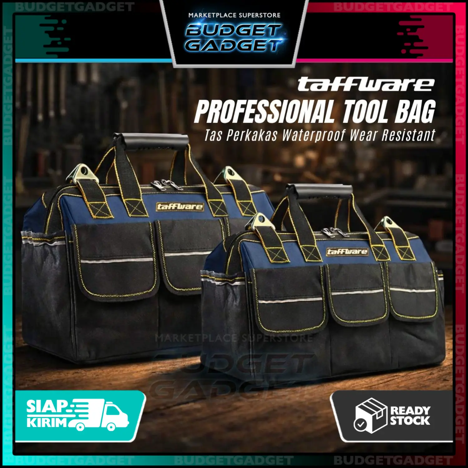 Taffware Tas Perkakas Serbaguna Professional Tool Bag Penyimpanan Alat Rumah Tangga Teknisi Tukang Waterproof Durable Premium Oxford A03403 Tahan Air Tahan Lama dengan 3 Kantong Luar dan Kompartemen Luas untuk Alat Instalasi Service