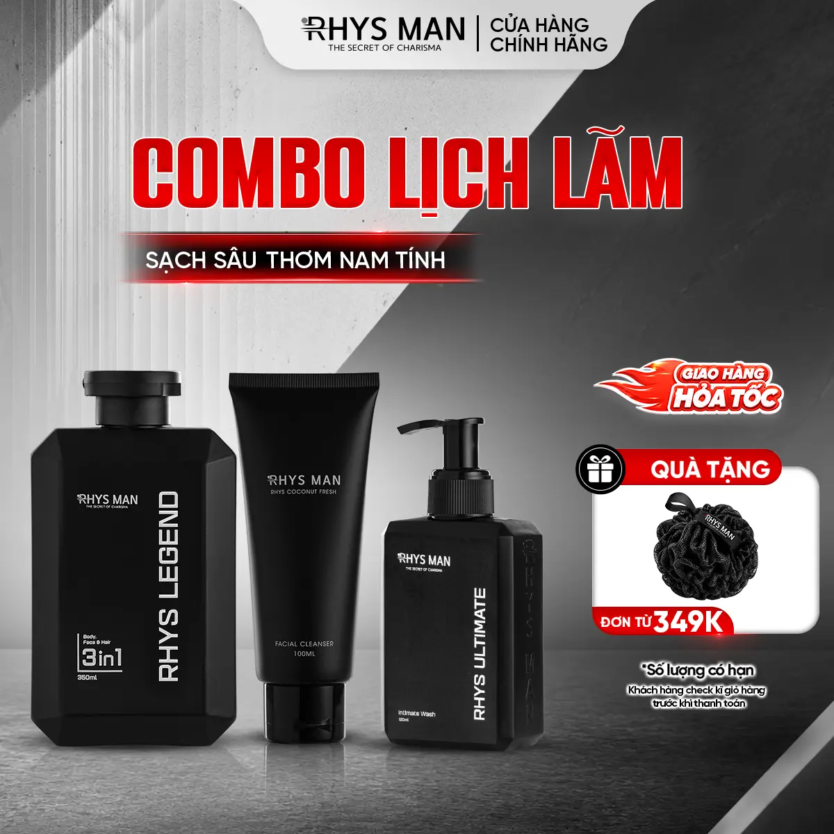 Combo Lịch Lãm Rhys Man - Sữa tắm gội nam 3in1 350ml & Sữa rửa mặt 100ml & Gel vệ sinh nam 120ml