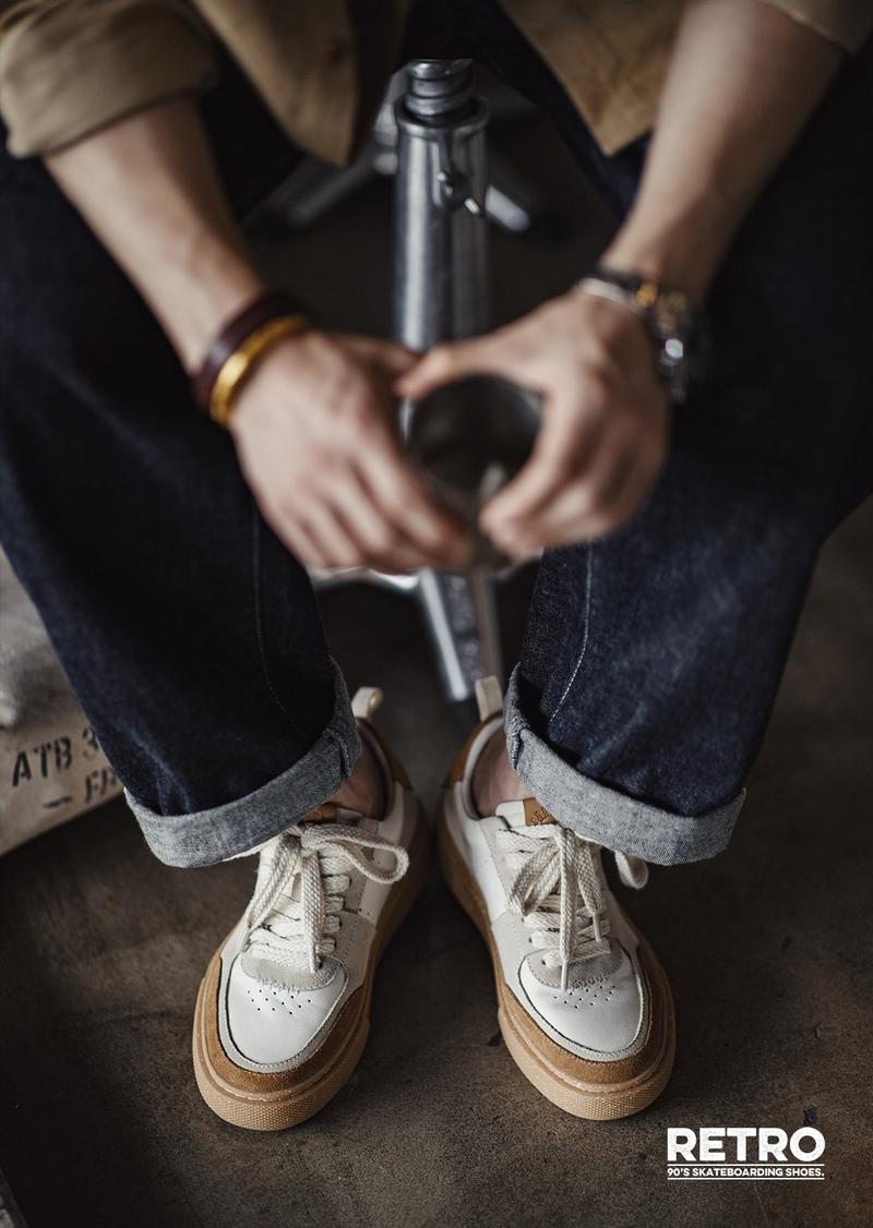 Product Introduction of Maden Casual Breathable Skateboard Shoes Men's Retro Low Top Shoes Thick Bottom Leather Patchwork White Shoes for Men 34