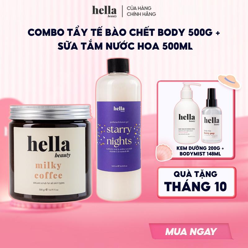 Combo Tẩy tế bào chết cho body Hella Beauty 500g + Sữa tắm dưỡng ẩm mịn sạch sâu cho da Hella Beauty
