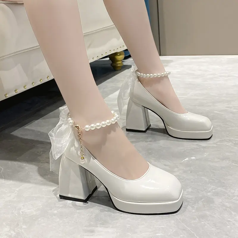 Sepatu Chunky High Heels Tahu Tinggi 9cm Wanita Tali Kekinian Import Pesta Mewah Murah Premium Kondangan Hitam Putih Terbaru Korea Elegan Glossy Wedding Big Size Ankle Strap Mary Jane Shoes - Ukuran 35 36 37 38 39 40 41 42 6