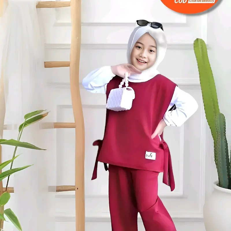 Setelan baju muslim anak perempuan/cewek viral 3-12thn-baju anak terbaru baju anak termurah Nyaman Kaos Panjang Kerudung 4