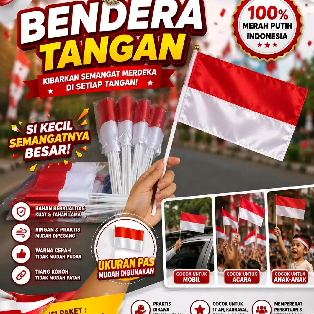 Bendera Tangan Merah Putih Indonesia 100% Kualitas Tinggi Cocok untuk Mobil Acara dan Anak-anak Praktis dan Kokoh