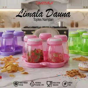 Takuma TONAM-PET Toples Nampan Limala Dauna Set 5 Dauna Tutup Kedap Udara Foodgrade Bahan PET Bening Ide Kado Natal Kitchenware