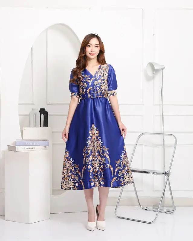 Emma.Butik E00195 Gaun Pesta Wanita Turkish Mewah Glamor Dress Natal Gereja Elegan Formal Pesta Motif Bunga V neck Cantik Kondangan 0