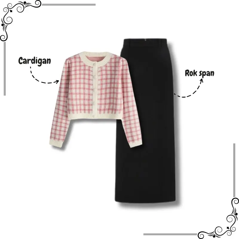 Atasan Ootd Korean Style | 3in1 One set | Outfit Remaja Kekinian Korea | Setelan Wanita Cardigan Rok Span Jilbab-Nn040 2