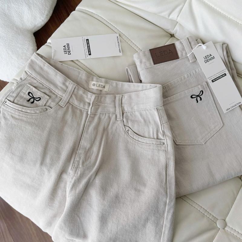   Dài 92cm Quần Jean Suông Thêu Nơ Túi Sau Nữ LEDA Quần Bò Ống Suông Rộng Nấm Lùn Quần Rin Vải Mềm QC Quần Suông Be 