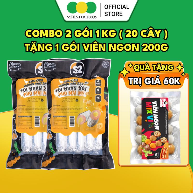   Mua 2 tặng 1  Combo 2 Gói Xúc Xích Nướng Giấy Bạc S2 Vietinter Foods Lõi Nhân Xốt Phô Mai Mỹ 1KG  Gói 500g  