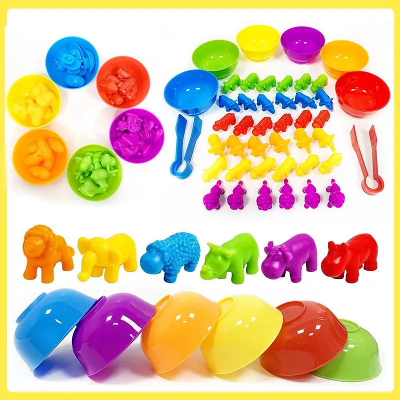 36/48/56 Buah Mainan Anak-anak Penyortiran Warna Mengidentifikasi Warna untuk Anak-anak Kecil Permainan Montessori dengan Mangkuk Penyortiran Gratis dan 2 Pinset 1