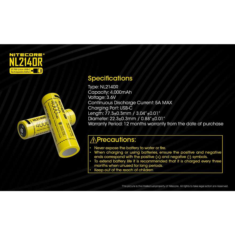 NITECORE Baterai Isi Ulang 21700 Recharge Li-ion 3.6V 5A 4000mAh 1 PCS - NL2140R