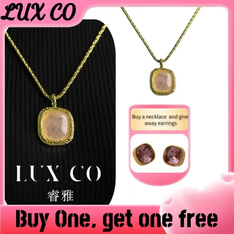 Lux Co. Pink Quartz Gold Chain Necklace and Ring Set