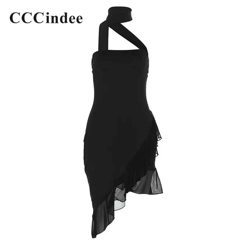 CCCindee Women's 2024 Halter Neck Sexy Slim Fitting Fungus Edge Dress