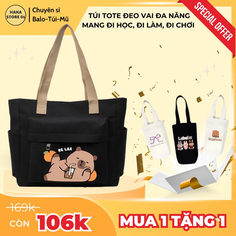 Mua 1 tặng 1 Túi tote vải canvas đa năng đựng laptop 14inch sách vở quần áo xách tay đeo vai tiện lợi có khoá miệng - Nữ - Bag-Tặng túi đựng bình nước