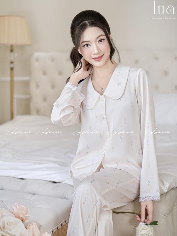 Bộ Pijama mặc nhà quần Dài áo Dài tay nữ Họa Tiết lụa tơ tằm cao cấp DTB Be