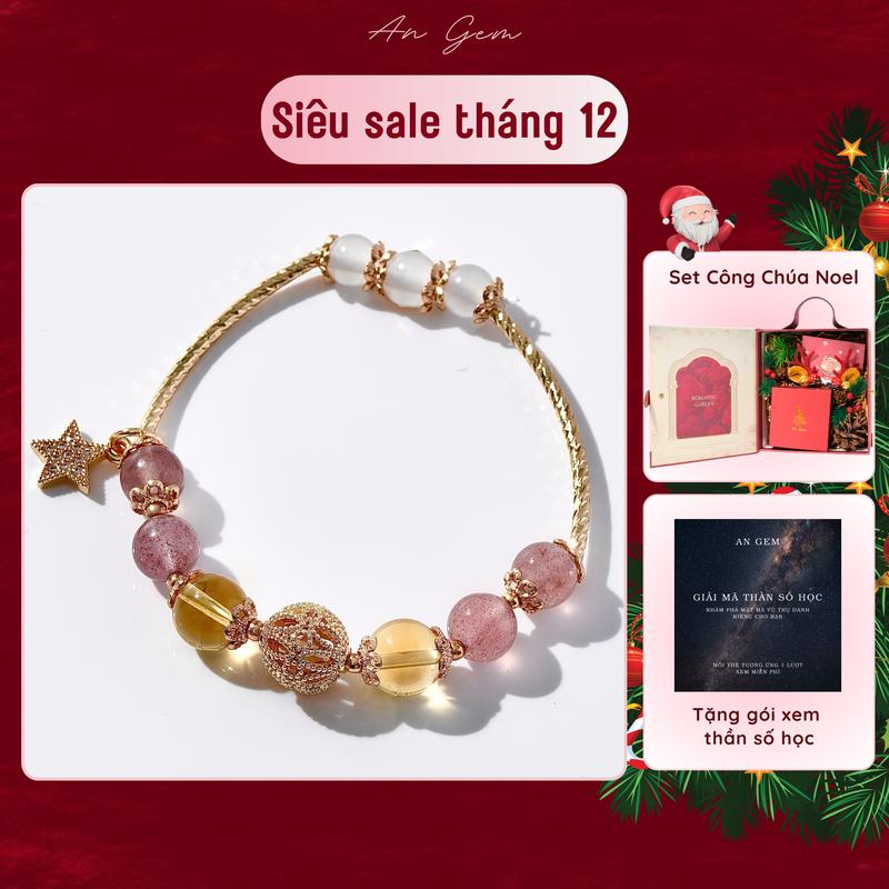 Vòng tay phong thuỷ An gem đá Dâu tây hồng mix TA vàng phối charm lắc tay nữ đá tự nhiên phụ kiện tinh tế quà tặng sinh nhật giáng sinh Noel Tết Valentine TẶNG GÓI XEM THẦN SỐ HỌC