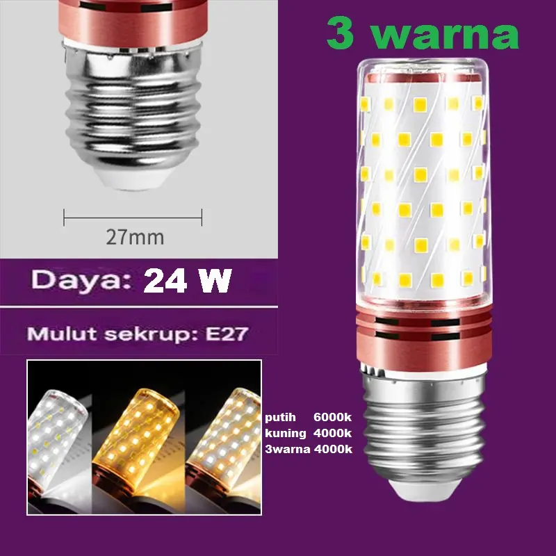 Lampu jagung LED 3 warna 48W 30W 24W 12W lampu rumah tangga 6000k 4000k kepala bohlam kuat mulut sekrup E27 visibilitas lampu variabel lampu jagung LED 6