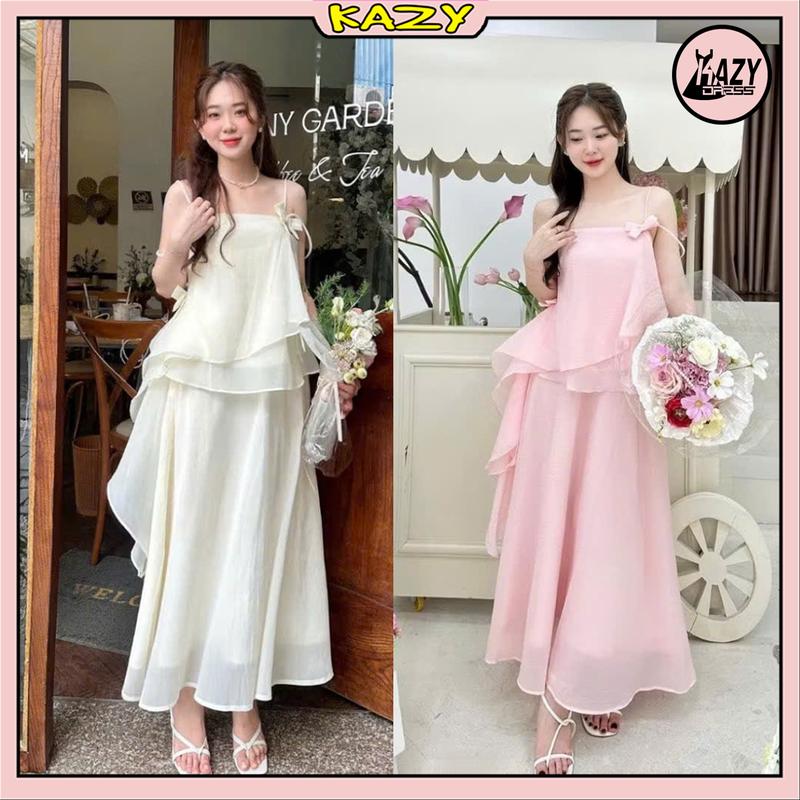Set váy nữ áo 2 dây vạt lệch kèm nơ hoa mix chân váy dài dáng xòe voan tơ tiểu thư S185 KAZYDRESS