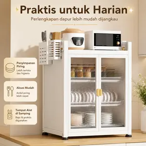 Rak Penyimpanan Piring Dan Mangkuk Tiga Tingkat Berwarna Putih, Dilengkapi Penutup Transparan Anti Debu, Kaki Tinggi yang kokoh dan tidak memakan tempat, lemari penyimpanan serbaguna untuk meja dapur