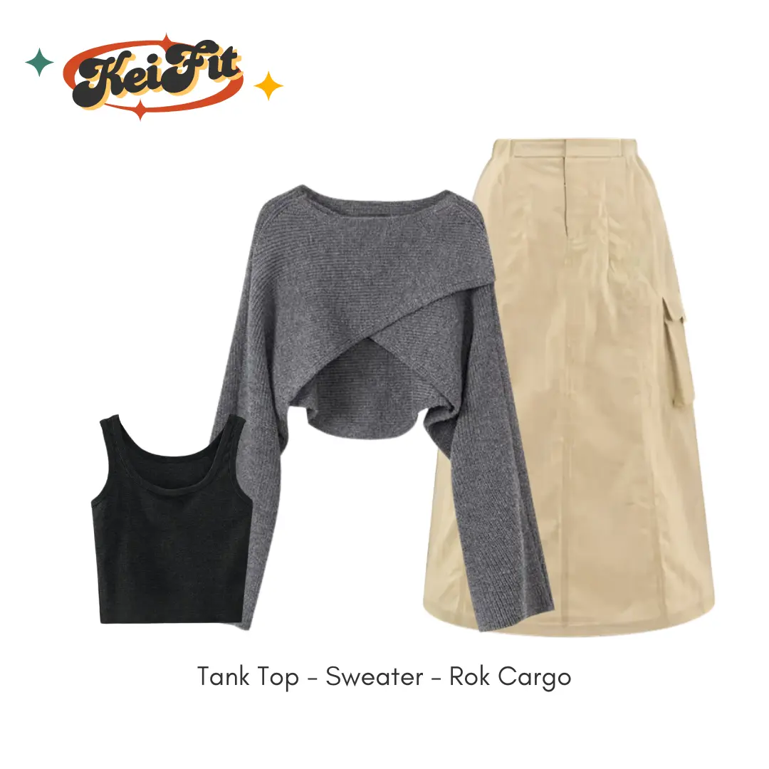 Set wanita Maven Baju Kekinian Korea Style Setelan Tank Top, Sweater Silang Korea, Rok Cargo - OOTD Kampus Cafe Skena Cantik -  casual outfit rajut oversize stelan  rajut one set rumahan korean style