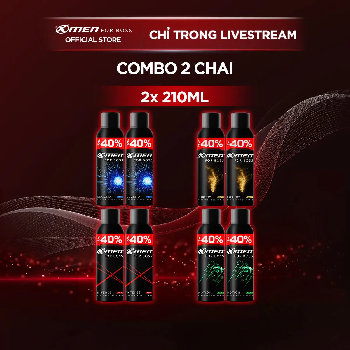 [TĂNG 40% DUNG TÍCH] Combo 2 Xịt khử mùi X-Men For Boss Intense/ Luxury/Legend/Motion 210ml/chai - Hương nước hoa châu Âu