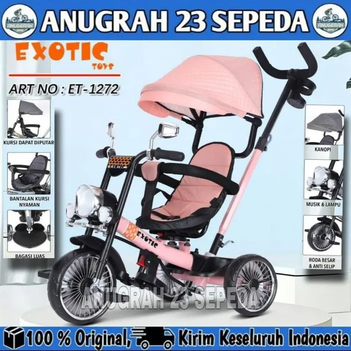 Sepeda Anak Roda Tiga EXOTIC ET 1272 Tricycle Bike Kursi Dua Arah - Pink