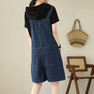 XJ0116 Overall Retro Wanita Celana Pendek Denim Saku Besar Longgar