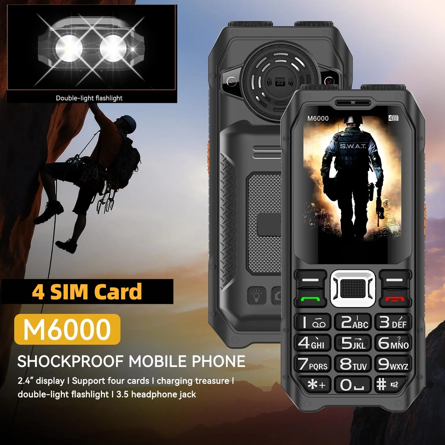 Điện Thoại Di Động, Cứng cáp, M6000, GSM, Mạng 2G, 4 Thẻ SIM, Giọng nói ma thuật, Giắc cắm 3,5 '', Màn hình 2,4 '', Bàn phím lớn, Thích hợp cho người già, Điện thoại di động, Radio FM, mp3, mp4, SOS