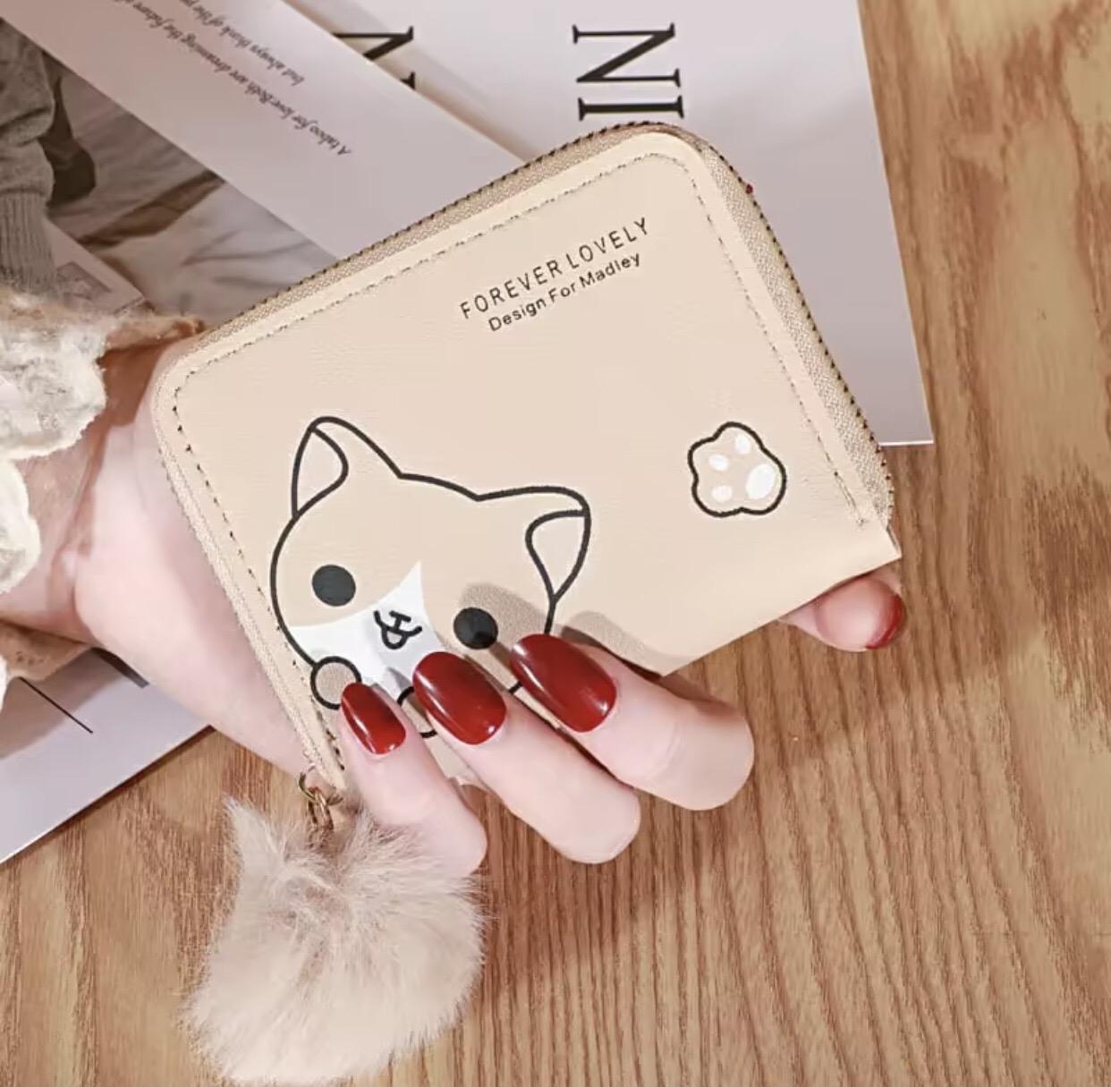 dompet wanita kecil/dompet lucu/dompet miow/dompet pompom/dompet pendek wanita Kulit Hitam