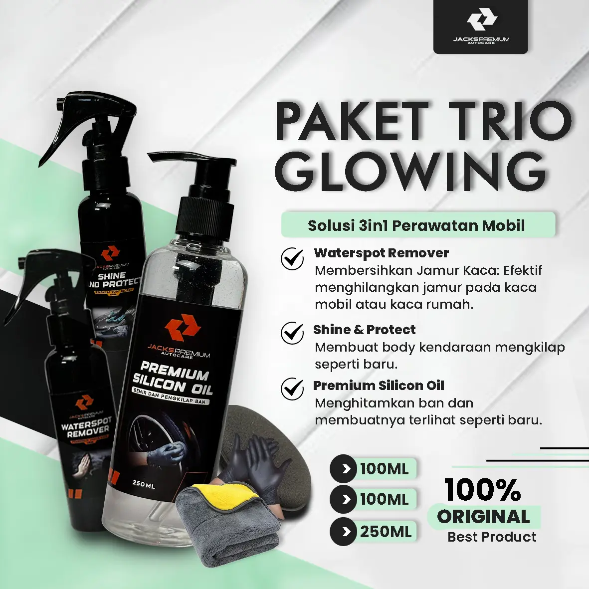 Jacks Paket Trio Glowing ( Perawatan Hemat Ffektif Hilangkan Jamur, Pengkilap Body dan Ban Hitam ) 3 In 1