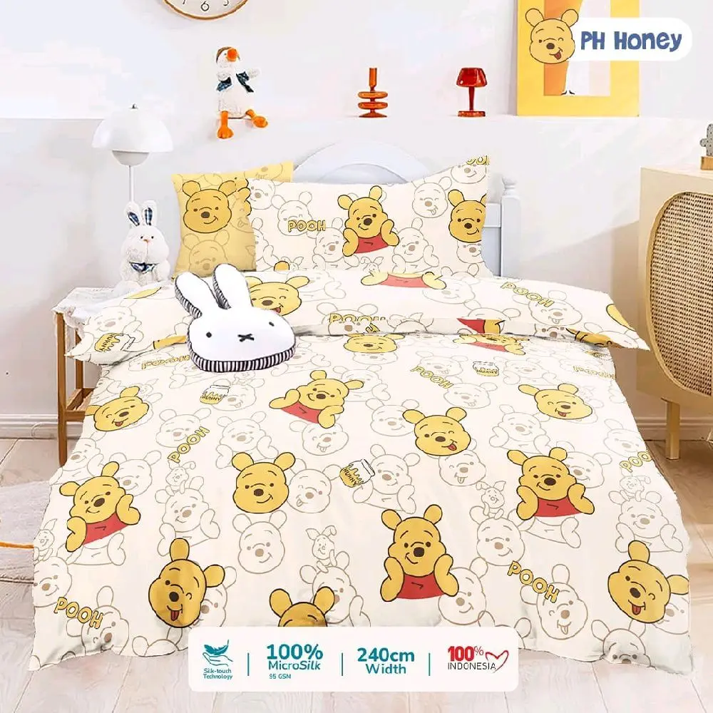 Bedcover Set Sprei Motif Karakter Anak Pooh Honey BW Ukuran Lengkap