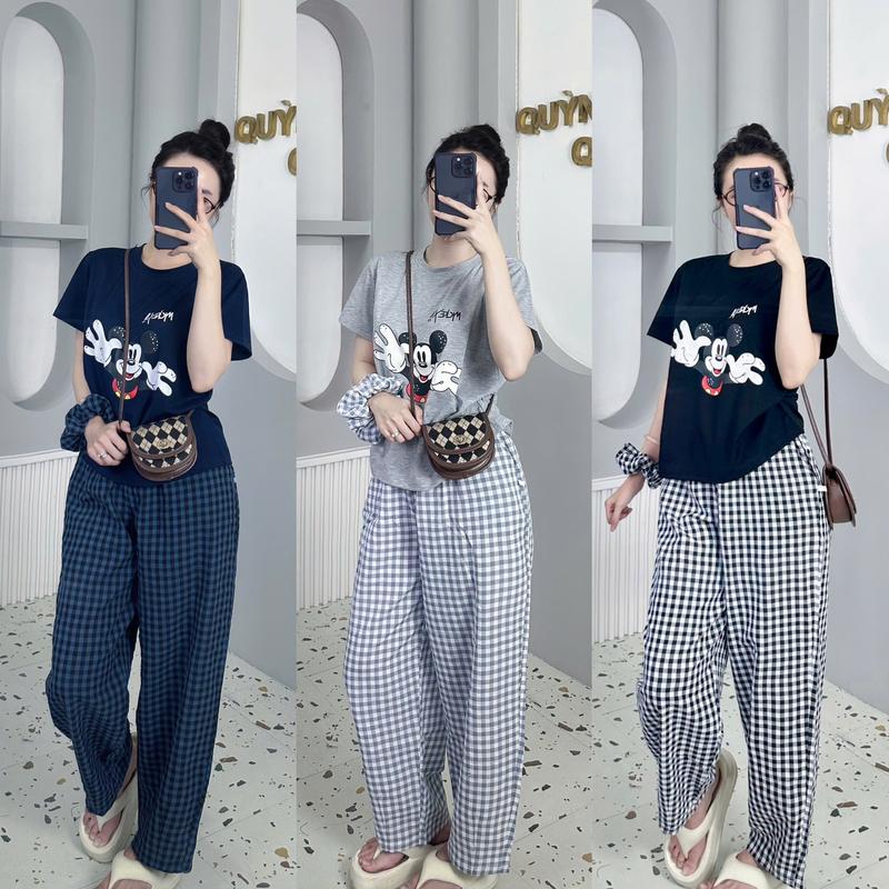 Set Đồ Bộ Nữ Áo Cotton Tici Mix Quần Caro Baggy (KÈM Buộc Tóc) Top Nữ Bigsize (40-80KG)