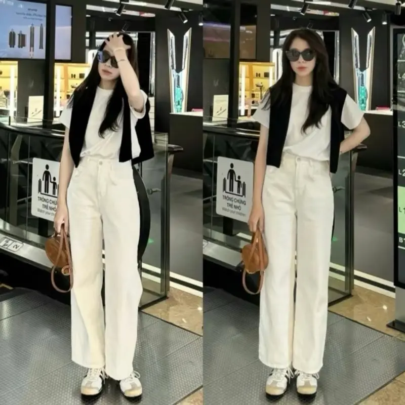 (BẢN THƯỜNG và NẤM LÙN) Quần Jeans Suông Trắng Cạp Cao Chất Jeans Mềm Đứng From Dễ Mix Đồ