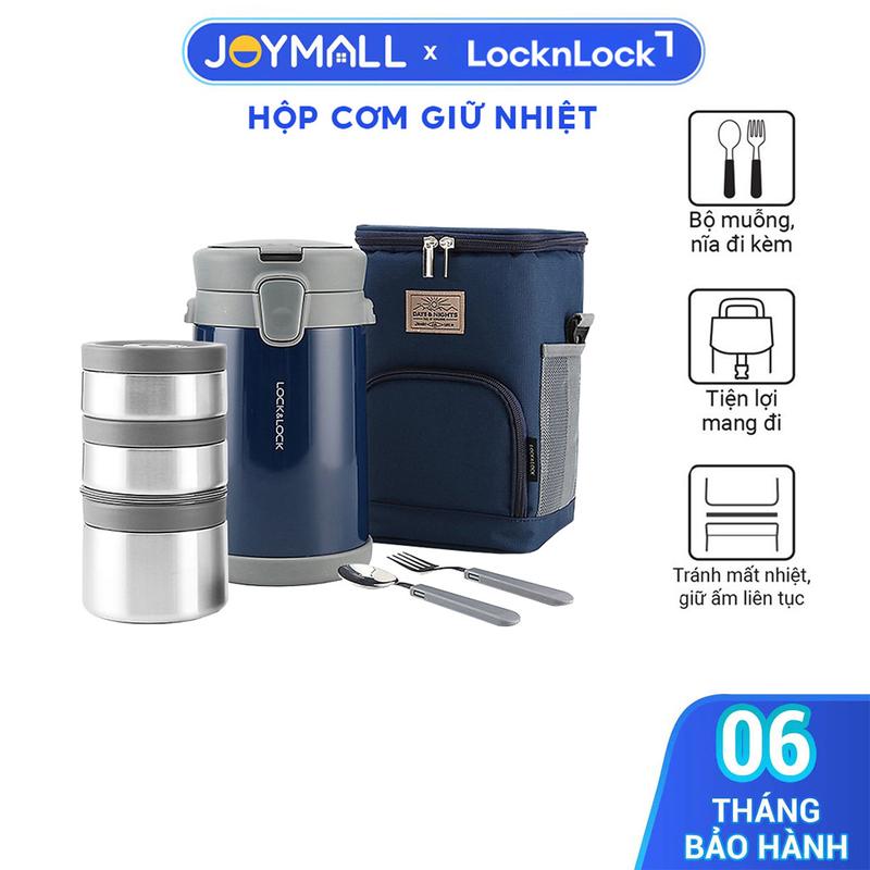 Hộp Cơm Giữ Nhiệt Lock&Lock Easy Carry 2 lít LHC8039 Có Túi Gồm 1 Hộp 720ml 2 Hộp 420ml Kèm 1 Bộ Muỗng Nĩa Chất Liệu Thép Không Gỉ - JoyMall