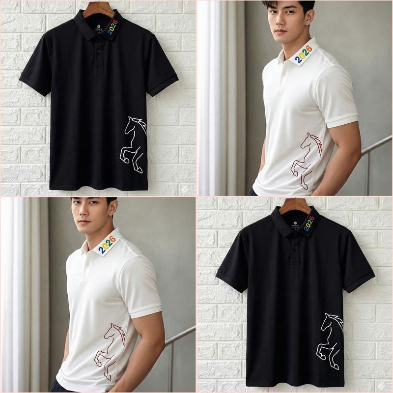 ÁO THUN POLO VẢI POLY TRẮNG IN NGỰA THÊU CỔ MẪU TẾT 2026 THANH LỊCH SANG TRỌNG