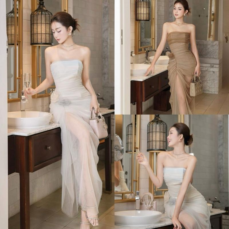 Váy body lưới nhún hoa eo tà dài ( có gọng)