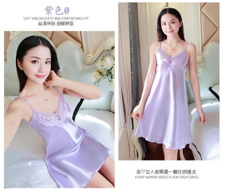Product Introduction of 2021 New sexy camisole nightgown for women, deep V-shaped backless imitation silk pajamas, lace Japanese home clothing, cross-border 11